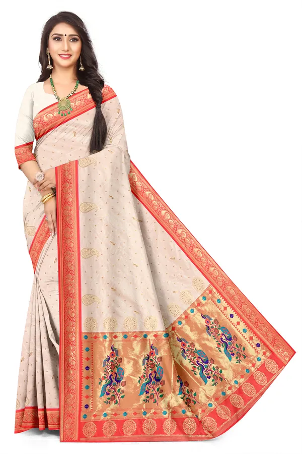 Peacock_Cream_Paithani_Jacquard_Silk_Saree_With_Zari_Woven_Border_Pallu_Default_Title
