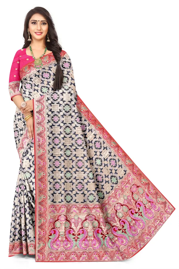 Luxury_Organza_Bandhani_With_Grey_Colour_Jacquard_Saree_Default_Title