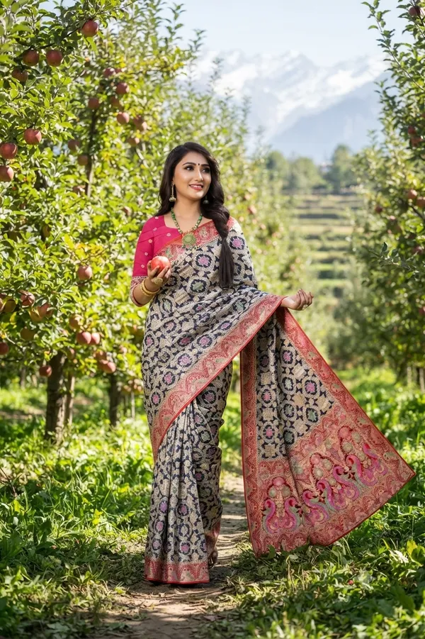 Luxury_Organza_Bandhani_With_Grey_Colour_Jacquard_Saree_Default_Title