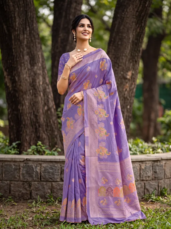 Light_Purple_Viscose_Heavy_Meenakari_Silk_Saree_With_Peacock_Motifs_Default_Title