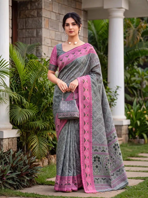 Grey_Silk_Saree_With_Bandhani_Patola_Design_Pink_Contrast_Border_Default_Title