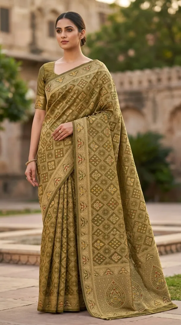 Elegant_Olive_Green_Banarasi_Jacquard_Saree_With_Traditional_Woven_Motifs_Default_Title