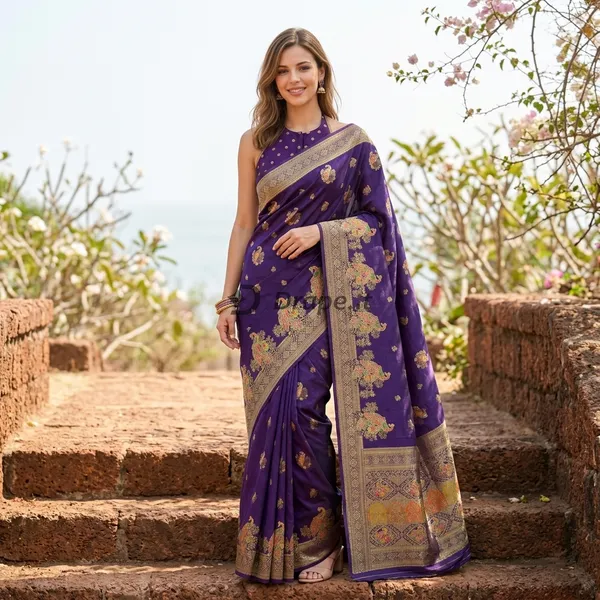 Royal_Purple_Viscose_Jacquard_Saree_With_Heavy_Multicolour_Meenakari_Woek_Default_Title