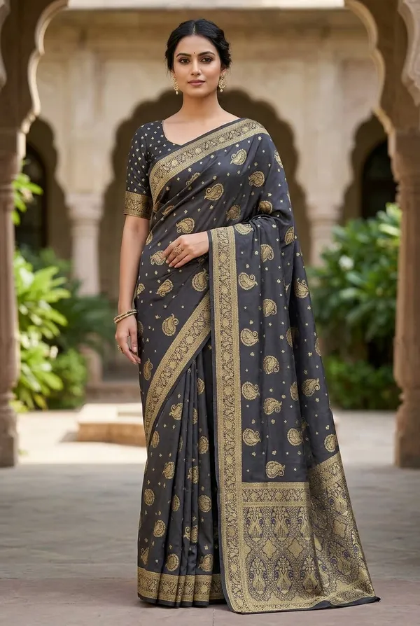 Navy_Dark_Blue_Viscose_Organza_Satin_Jacquard_Saree_With_Gold_Paisley_Motifs_Rich_Woven_Border_Smooth_Texture_Saree_Default_Title