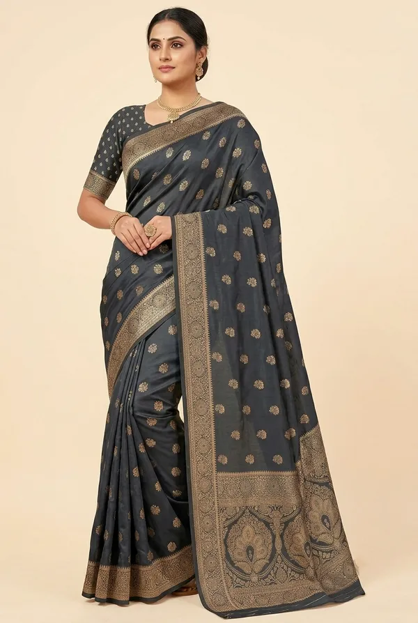 Navy_Dark_Blue_Viscose_Bamboo_Satin_Jacquard_Saree_With_Gold_Floral_Butti_Default_Title