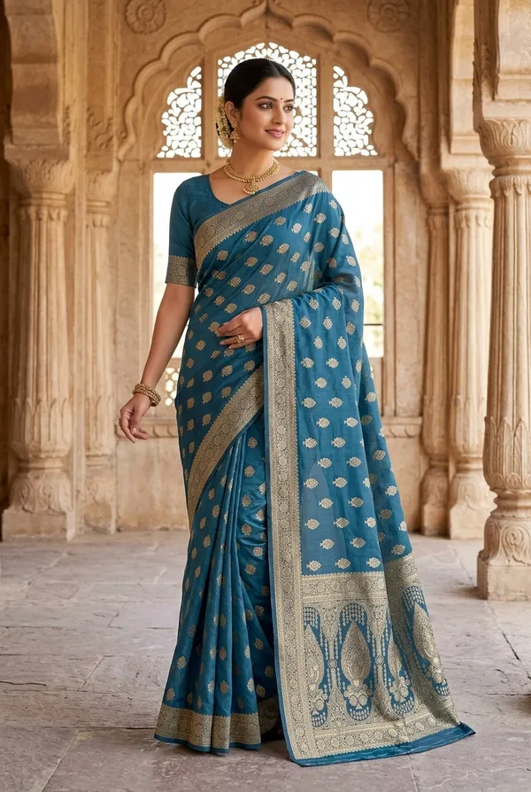 Elegant_Teal_Blue_Nylon_Jacquard_Saree_With_Antique_Gold_Woven_Motifs_Default_Title