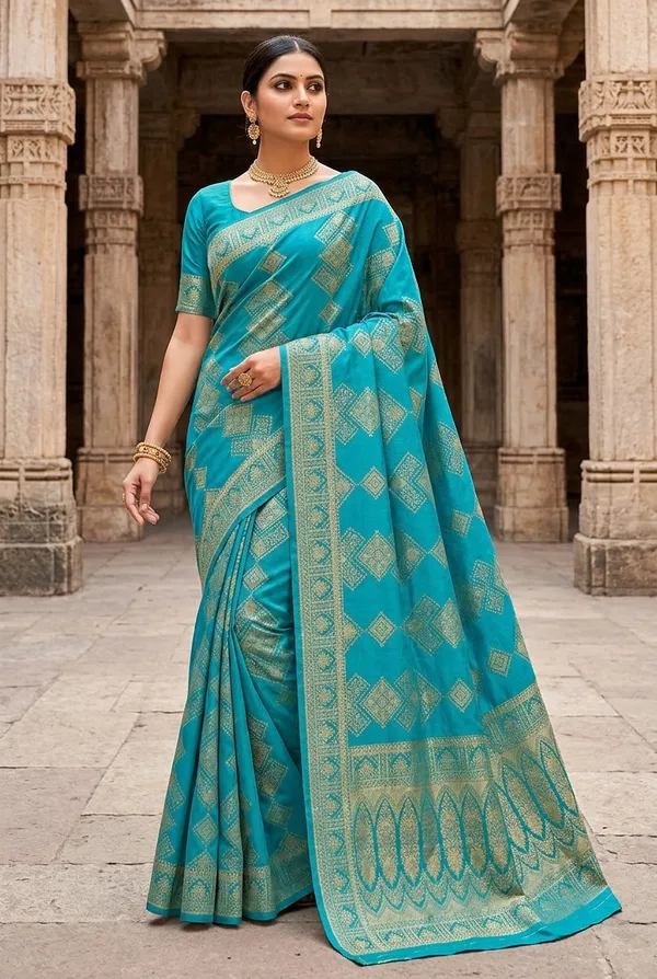 Elegant_Turquoise_Blue_Nylon_Jacquard_Saree_With_Antique_Gold_Geometric_Woven_Design_Default_Title