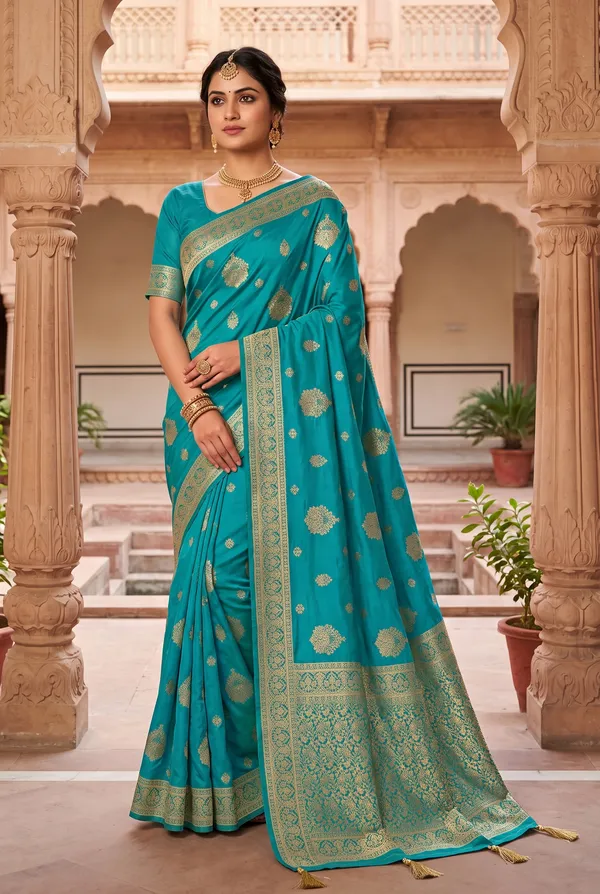 Royal_Turquoise_Blue_Nylon_Jacquard_Saree_With_Golden_Floral_Woven_Motifs_Default_Title
