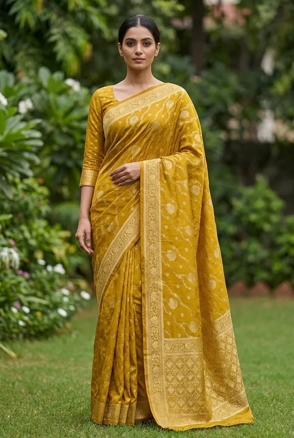 Mustard_Yellow_Nylon_Satin_Jacquard_Saree_With_Woven_Floral_Zari_Border_Pallu_Default_Title