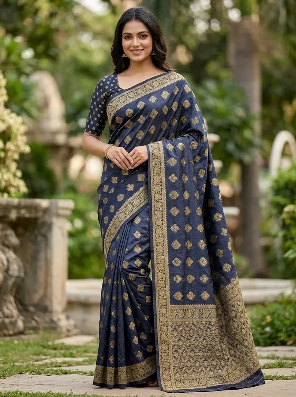 Navy_Blue_Viscose_Gaji_Satin_Jacquard_Saree_With_Golden_Diamond_Motifs_Woven_Border_Default_Title
