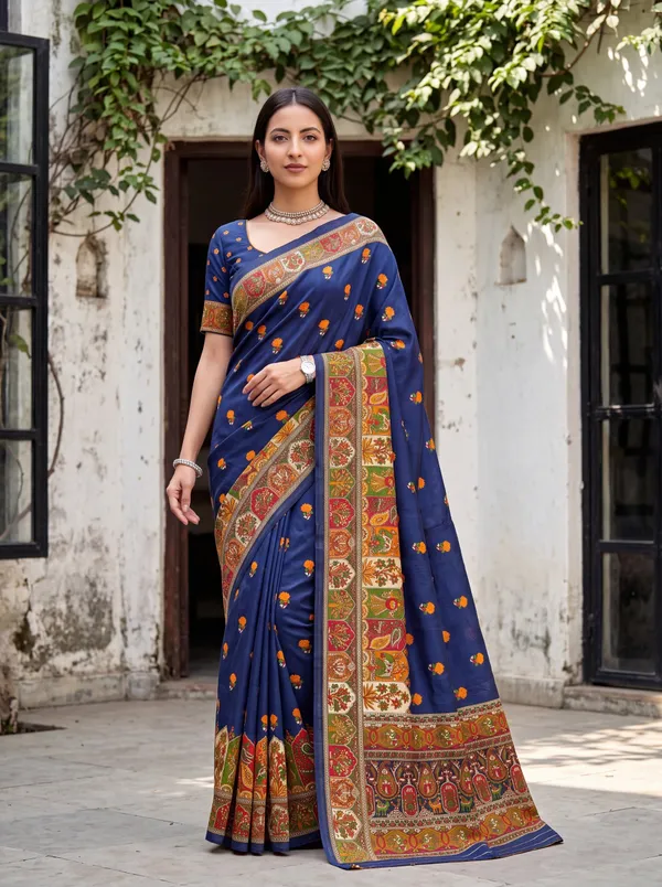 Navy_Blue_Viscose_Pashmina_Jacquard_Saree_With_Multicolor_Kashmiri_Digital_Print_Border_Default_Title