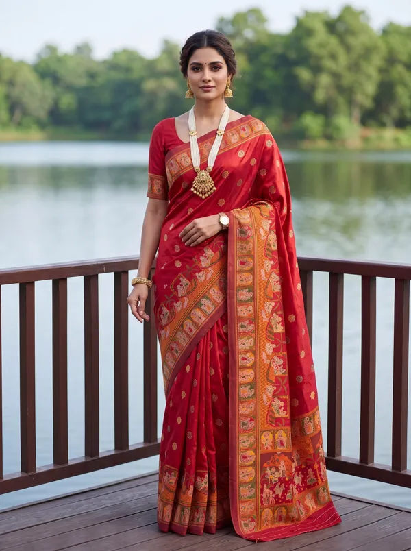 Red_Viscose_Pashmina_Jacquard_Saree_With_Multicolor_Pichwai_Kalamkari_Border_Default_Title