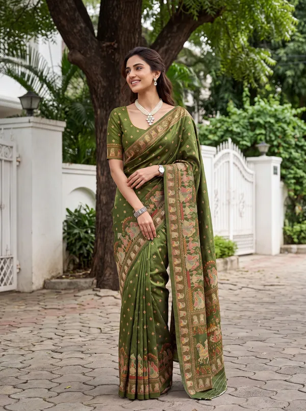Olive_Green_Viscose_Pashmina_Jacquard_Saree_With_Multicolor_Pichwai_Kalamkari_Border_Default_Title
