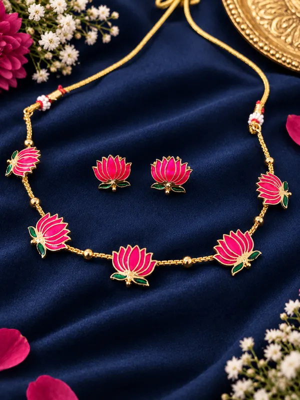 Gold_Tone_Pink_Lotus_Necklace_And_Earrings_Set