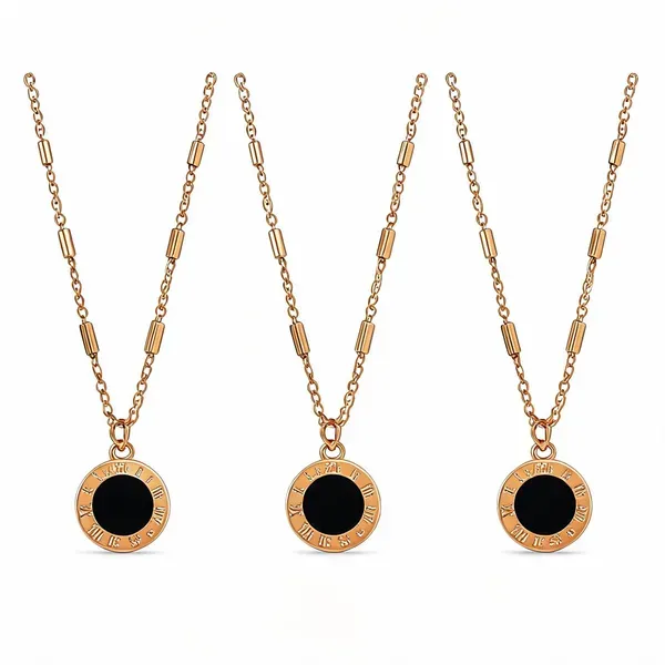 Gold_Black_Enamel_Roman_Numeral_Round_Pendant_Necklace_For_Women_Pack_Of