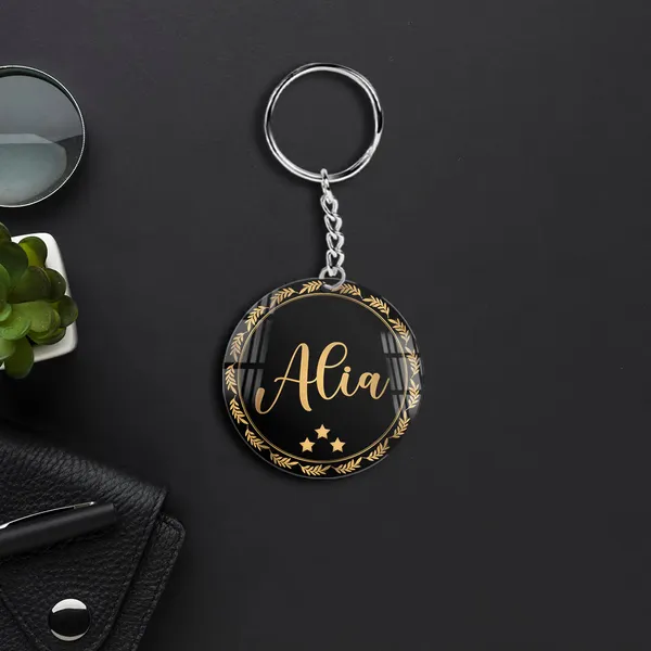 Acrylic_Custom_Black_Keychain_With_Leaf_Name