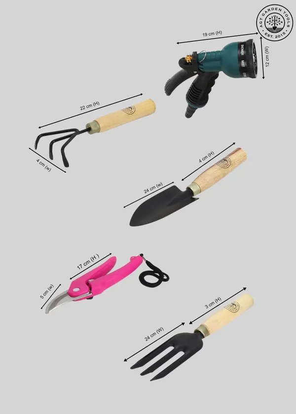 AGT_Garden_Tool_Set_Water_Spray_Trigger,_Small_Trowel,_Hand_Rake,_Fork_&_Pruner/Cutter_for_Gardening_Garden_Tool_Kit_(5_Tools)