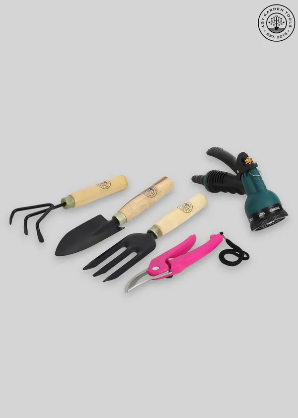 AGT_Garden_Tool_Set_Water_Spray_Trigger,_Small_Trowel,_Hand_Rake,_Fork_&_Pruner/Cutter_for_Gardening_Garden_Tool_Kit_(5_Tools)