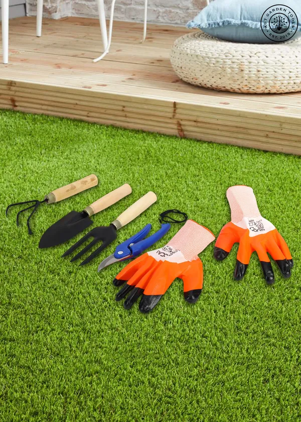 AGT_3PCS_Wooden_Handle_Cultivator_Free_Rubber_Hand_Gloves_Garden_Tool_Kit_(5_Tools)