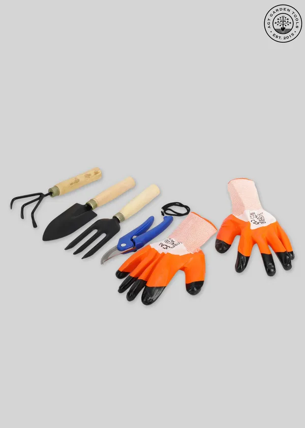 AGT_3PCS_Wooden_Handle_Cultivator_Free_Rubber_Hand_Gloves_Garden_Tool_Kit_(5_Tools)