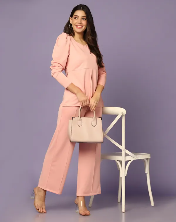 Pink_Puff_Sleeve_Top_And_Wide_Leg_Pants_Co_Ord_Set_For_Women
