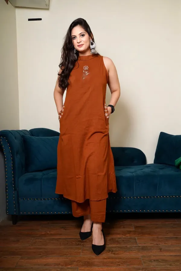 Rust_Sleeveless_Straight_Kurta_Set_for_Women