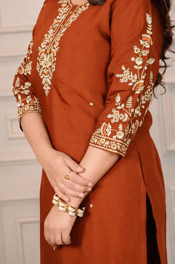 Rust_Embroidered_Straight_Kurta_Set_For_Women