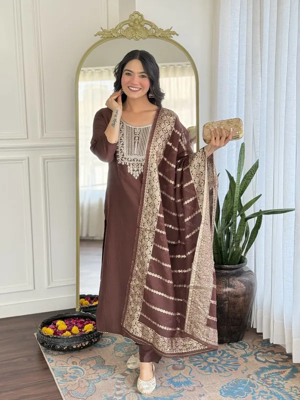 Brown_Embroidered_Kurta_Set_For_Women