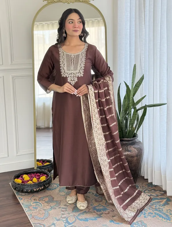 Brown_Embroidered_Kurta_Set_For_Women