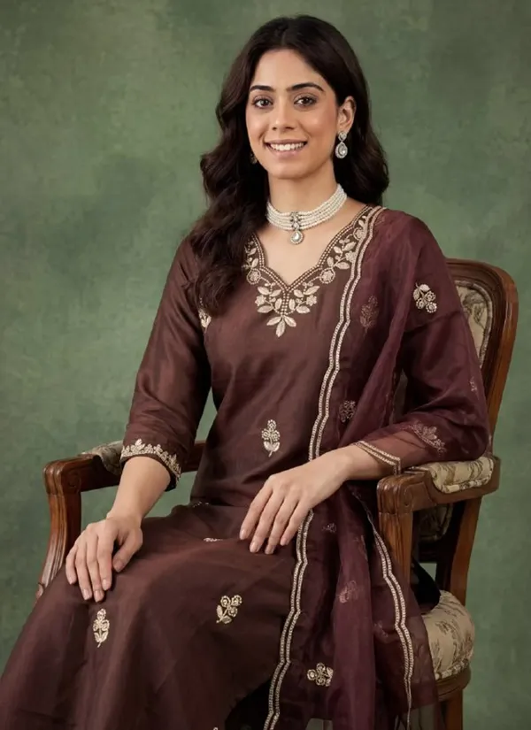 Brown_Embroidered_Kurta_Set_For_Women