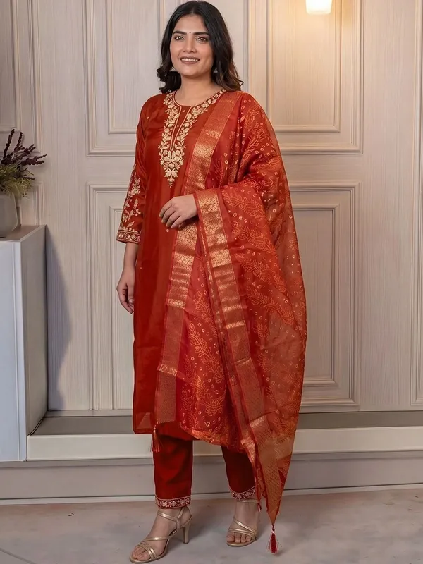 Rust_Embroidered_Straight_Kurta_Set_For_Women
