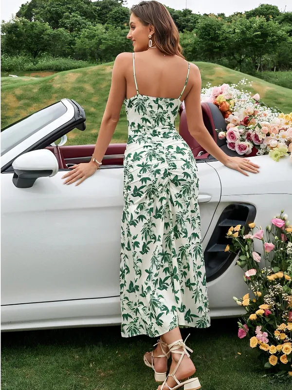 White_Green_Floral_Spaghetti_Strap_Midi_Dress_for_Women