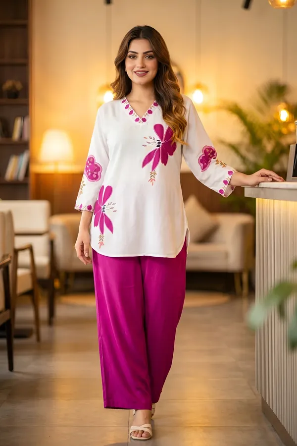 White_Floral_Print_Relaxed_Fit_Night_Suit_For_Women