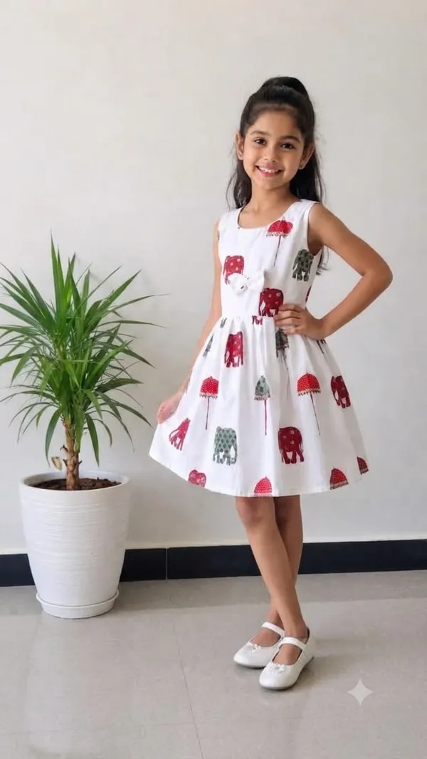 White_Printed_Sleeveless_Fit_And_Flare_Dress_for_Girls