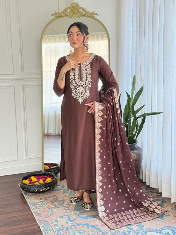 Brown_Embroidered_Straight_Kurta_Set_With_Dupatta_for_Women