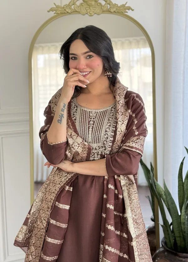 Brown_Embroidered_Kurta_Set_For_Women