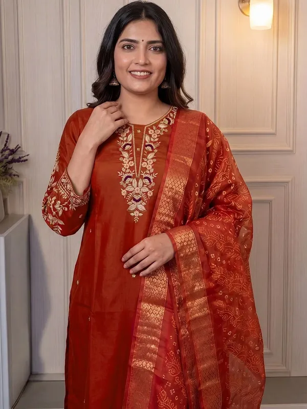 Rust_Embroidered_Straight_Kurta_Set_For_Women