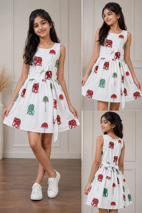 White_Printed_Sleeveless_Fit_And_Flare_Dress_for_Girls