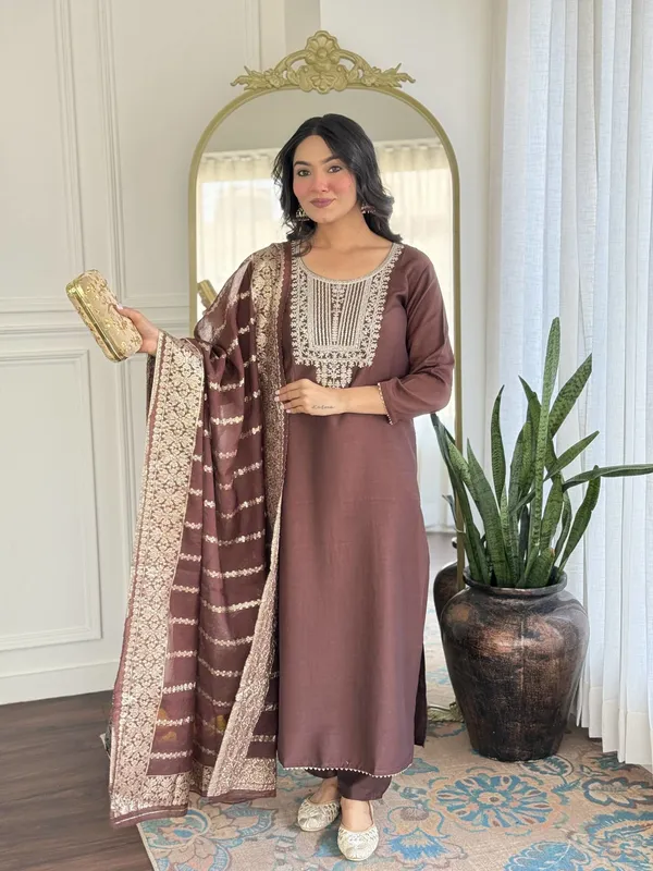 Brown_Embroidered_Kurta_Set_For_Women