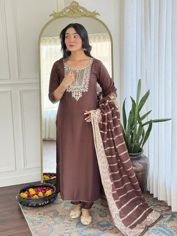 Brown_Embroidered_Kurta_Set_For_Women