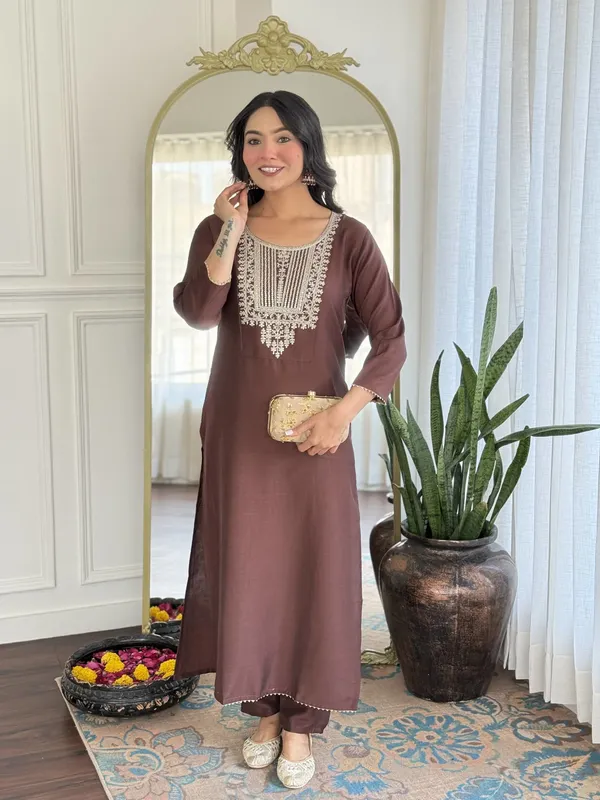 Brown_Embroidered_Kurta_Set_For_Women