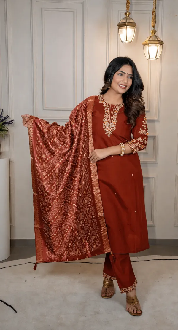 Rust_Embroidered_Straight_Kurta_Set_For_Women