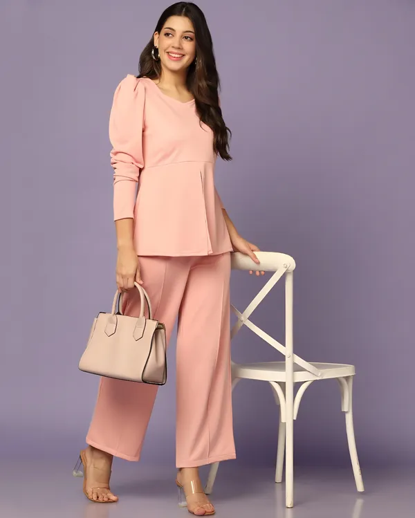 Pink_Puff_Sleeve_Top_And_Wide_Leg_Pants_Co_Ord_Set_For_Women
