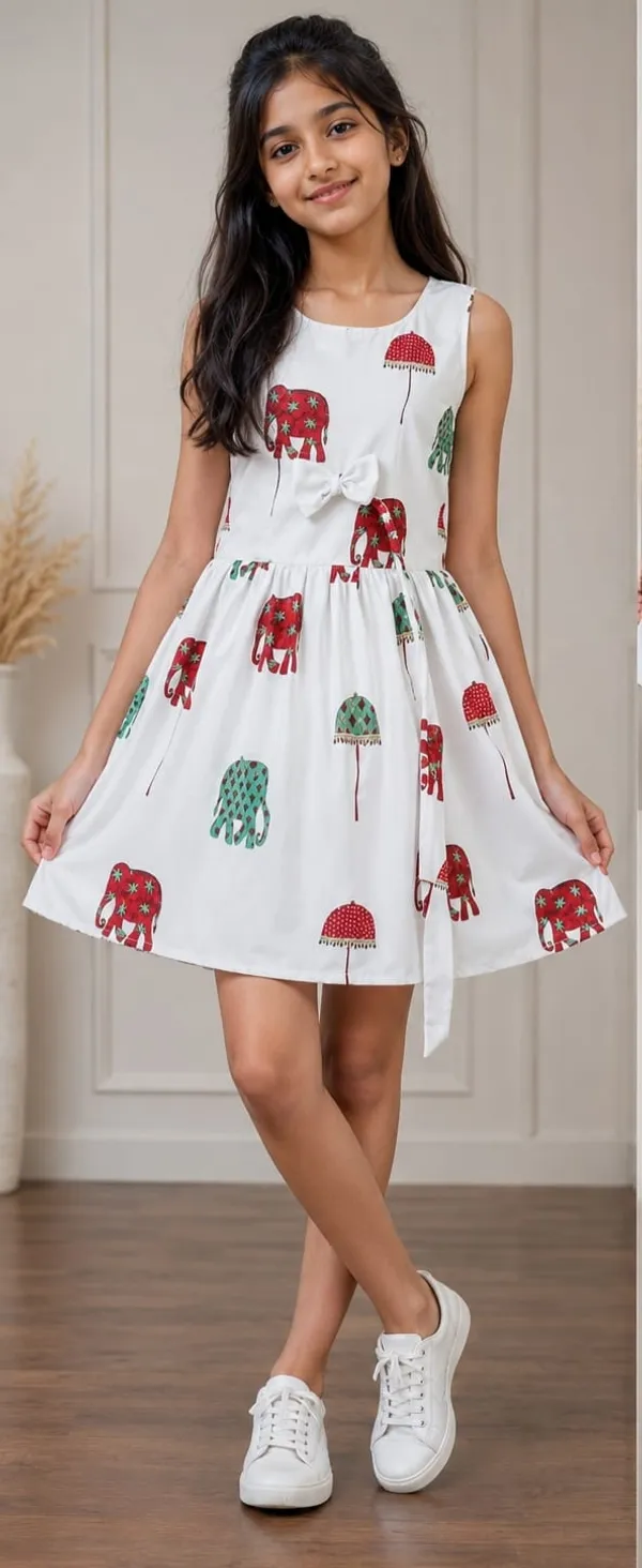 White_Printed_Sleeveless_Fit_And_Flare_Dress_for_Girls