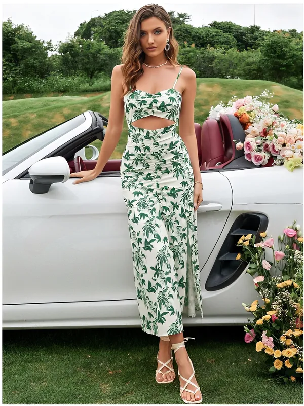 White_Green_Floral_Spaghetti_Strap_Midi_Dress_for_Women