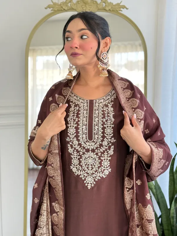 Brown_Embroidered_Straight_Kurta_Set_With_Dupatta_for_Women