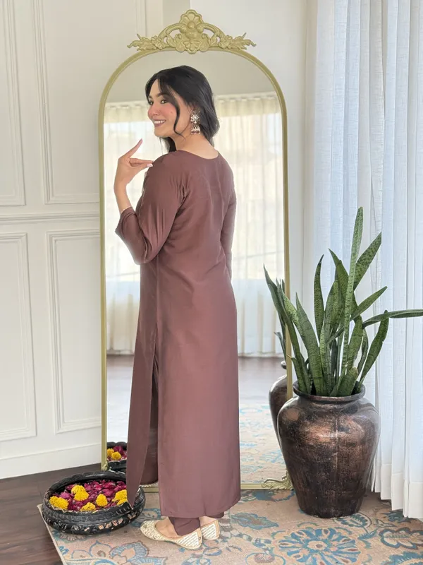 Brown_Embroidered_Kurta_Set_For_Women
