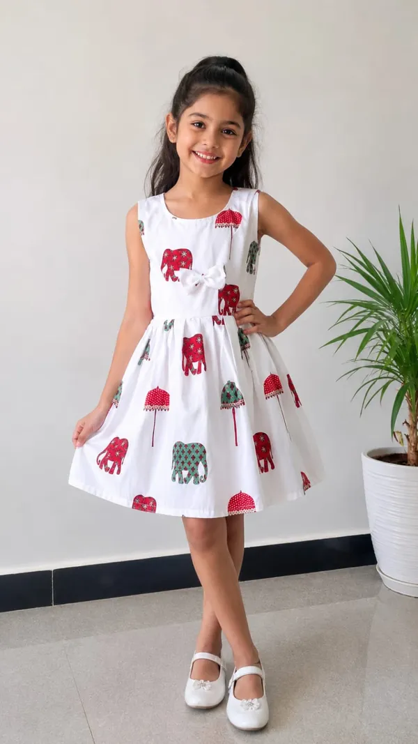 White_Printed_Sleeveless_Fit_And_Flare_Dress_for_Girls