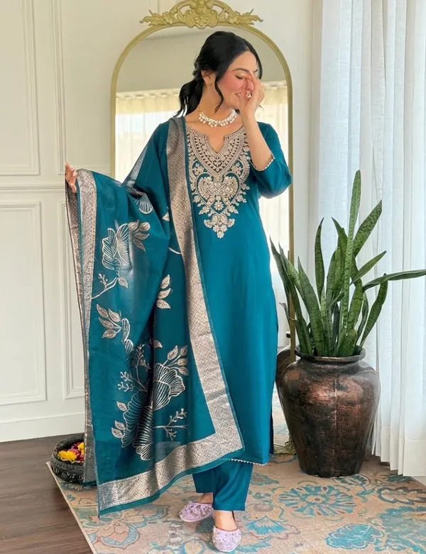 Teal_Embroidered_Straight_Kurta_Set_for_Women