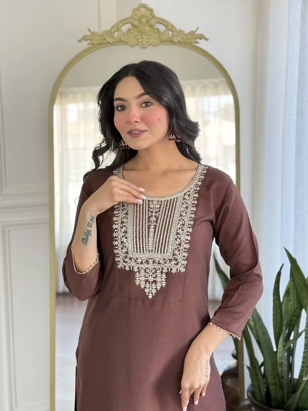Brown_Embroidered_Kurta_Set_For_Women
